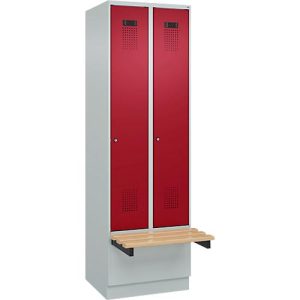 Kleiderspind C+P Evolo Plus, 2 Abteile à 300 mm Breite, Sockel, schwebende Sitzbank, B 600 x T 815 x H 1950 mm, Zylinder, lichtgrau/rubinrot Kleiderspind C+P Evolo Plus, 2 Abteile à 300 mm Breite, Sockel, schwebende Sitzbank, B 600 x T 815 x H 1950 mm, Zylinder, lichtgrau/rubinrot