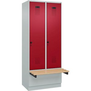 Kleiderspind C+P Evolo Plus, 2 Abteile à 400 mm Breite, Sockel, schwebende Sitzbank, B 800 x T 815 x H 1950 mm, Drehriegel, lichtgrau/rubinrot Kleiderspind C+P Evolo Plus, 2 Abteile à 400 mm Breite, Sockel, schwebende Sitzbank, B 800 x T 815 x H 1950 mm, Drehriegel, lichtgrau/rubinrot