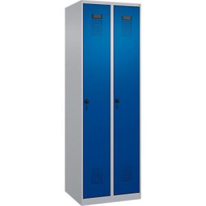 Kleiderspind C+P Evolo Plus, 2 Abteile, Anschlag rechts, Sicherheits-Drehriegel, Soft-Anschlag, B 600 x T 500 x H 1850 mm, weißaluminium/enzianblau Kleiderspind C+P Evolo Plus, 2 Abteile, Anschlag rechts, Sicherheits-Drehriegel, Soft-Anschlag, B 600 x T 500 x H 1850 mm, weißaluminium/enzianblau