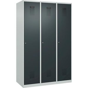 Kleiderspind C+P Evolo Plus, 3 Abteile, 400 mm breit, Zylinderschloss, Soft-Anschlag, B 1.200 x T 500 x H 1.850 m, lichtgrau/anthrazitgrau Kleiderspind C+P Evolo Plus, 3 Abteile, 400 mm breit, Zylinderschloss, Soft-Anschlag, B 1.200 x T 500 x H 1.850 m, lichtgrau/anthrazitgrau
