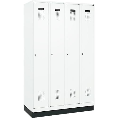 Kleiderspind C+P Evolo Plus, 4 Abteile, 300 mm Abteilbreite, mit Sockel, Anschlag rechts, B 1200 x T 500 x H 1950 mm, Zylinder, verkehrsweiß/verkehrsweiß