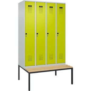 Kleiderspind C+P Evolo Plus, 4 Abteile, 300 mm Abteilbreite, mit untergebauter Sitzbank, B 1200 x T 815 x H 2120 mm, Drehriegel, lichtgrau/clowngrün Kleiderspind C+P Evolo Plus, 4 Abteile, 300 mm Abteilbreite, mit untergebauter Sitzbank, B 1200 x T 815 x H 2120 mm, Drehriegel, lichtgrau/clowngrün