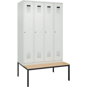 Kleiderspind C+P Evolo Plus, 4 Abteile, 300 mm Abteilbreite, mit untergebauter Sitzbank, B 1200 x T 815 x H 2120 mm, Zylinder, lichtgrau/lichtgrau