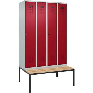 Kleiderspind C+P Evolo Plus, 4 Abteile, 300 mm Abteilbreite, mit untergebauter Sitzbank, B 1200 x T 815 x H 2120 mm, Zylinder, lichtgrau/rubinrot Kleiderspind C+P Evolo Plus, 4 Abteile, 300 mm Abteilbreite, mit untergebauter Sitzbank, B 1200 x T 815 x H 2120 mm, Zylinder, lichtgrau/rubinrot