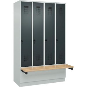Kleiderspind C+P Evolo Plus, 4 Abteile à 300 mm Breite, Sockel, schwebende Sitzbank, B 1200 x T 815 x H 1950 mm, Drehriegel, lichtgrau/anthrazitgrau Kleiderspind C+P Evolo Plus, 4 Abteile à 300 mm Breite, Sockel, schwebende Sitzbank, B 1200 x T 815 x H 1950 mm, Drehriegel, lichtgrau/anthrazitgrau
