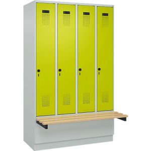 Kleiderspind C+P Evolo Plus, 4 Abteile à 300 mm Breite, Sockel, schwebende Sitzbank, B 1200 x T 815 x H 1950 mm, Drehriegel, lichtgrau/clowngrün Kleiderspind C+P Evolo Plus, 4 Abteile à 300 mm Breite, Sockel, schwebende Sitzbank, B 1200 x T 815 x H 1950 mm, Drehriegel, lichtgrau/clowngrün
