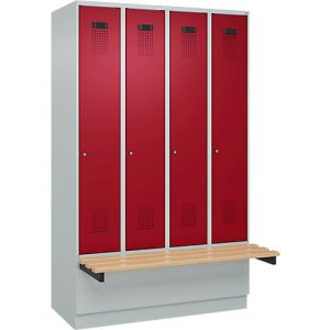 Kleiderspind C+P Evolo Plus, 4 Abteile à 300 mm Breite, Sockel, schwebende Sitzbank, B 1200 x T 815 x H 1950 mm, Zylinder, lichtgrau/rubinrot Kleiderspind C+P Evolo Plus, 4 Abteile à 300 mm Breite, Sockel, schwebende Sitzbank, B 1200 x T 815 x H 1950 mm, Zylinder, lichtgrau/rubinrot