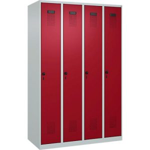 Kleiderspind C+P Evolo Plus, 4 Abteile, Anschlag rechts, Sicherheits-Drehriegel, B 1200 x T 500 x H 1850 mm, lichtgrau/rubinrot Kleiderspind C+P Evolo Plus, 4 Abteile, Anschlag rechts, Sicherheits-Drehriegel, B 1200 x T 500 x H 1850 mm, lichtgrau/rubinrot