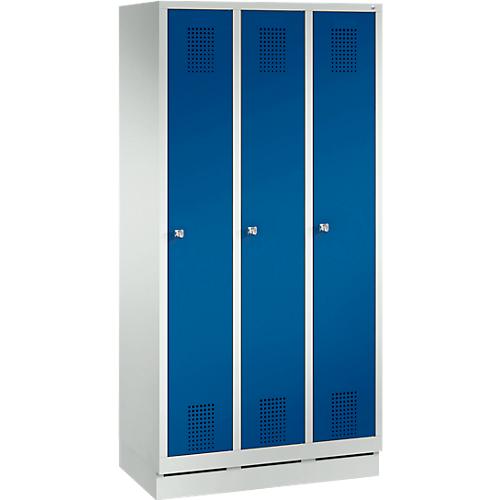Kleiderspind Evolo S 3000, 3 Abteile, Stahl, Sockelhöhe 100 mm, Zylinderschloss, lichtgrau/enzianblau