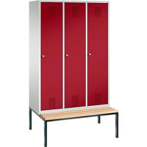 Kleiderspind Evolo S 3000, untergebaute Sitzbank, 3 Abteile, Stahl, Zylinderschloss, lichtgrau/rubinrot Kleiderspind Evolo S 3000, untergebaute Sitzbank, 3 Abteile, Stahl, Zylinderschloss, lichtgrau/rubinrot