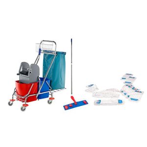 Komplett-Set Doppelfahrwagen, 2 x 17 L Eimer, Kunststoffpresse, 10 Wischbezüge Komplett-Set Doppelfahrwagen, 2 x 17 L Eimer, Kunststoffpresse, 10 Wischbezüge
