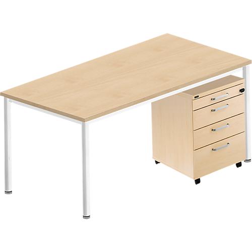 Komplettset BEXXSTAR, Schreibtisch 1600 mm breit Rollcontainer, Rundrohrfuß, Ahorn-Dekor