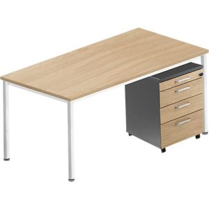 Komplettset BEXXSTAR, Schreibtisch 1600 mm breit Rollcontainer, Rundrohrfuß, Eiche-Dekor/dunkelgrau Komplettset BEXXSTAR, Schreibtisch 1600 mm breit Rollcontainer, Rundrohrfuß, Eiche-Dekor/dunkelgrau