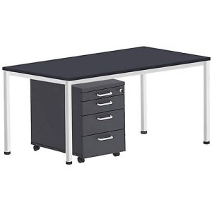 Komplettset BEXXSTAR, Schreibtisch 1600 mm breit Rollcontainer, Rundrohrfuß, schwarz Komplettset BEXXSTAR, Schreibtisch 1600 mm breit Rollcontainer, Rundrohrfuß, schwarz