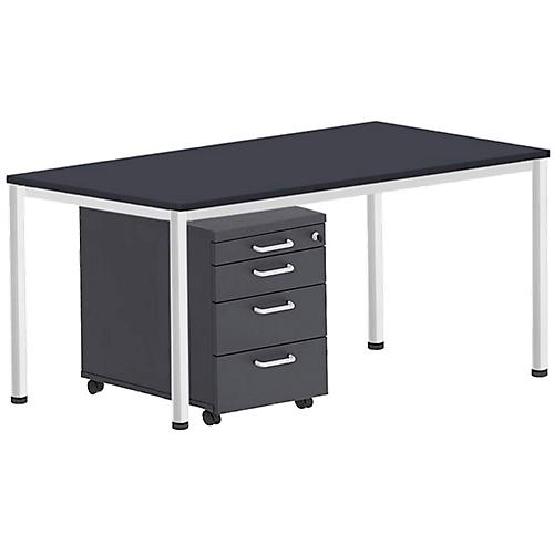 Komplettset BEXXSTAR, Schreibtisch 1600 mm breit Rollcontainer, Rundrohrfuß, schwarz