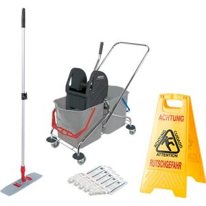 Komplettset Doppelfahreimer und gratis Aufsteller ‚Rutschgefahr‘, 2 x 27 Liter Eimer Komplettset Doppelfahreimer und gratis Aufsteller ‚Rutschgefahr‘, 2 x 27 Liter Eimer