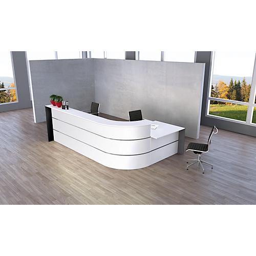L-Theke Faro, 4-Elemente, 90° Winkel, mit Beratungsplatz, melaminharzbeschichtet, ABS-Kanten, B 3670 x T 1970 x 1120 mm, weiß/anthrazit