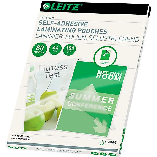 Laminierfolien Leitz iLAM, A4 Hoch-& Querformat, Stärke 80 µm, selbstklebende Rückseite, wiederablösbar, L 216 x B 303 mm, PET, farblos, 100 Stück