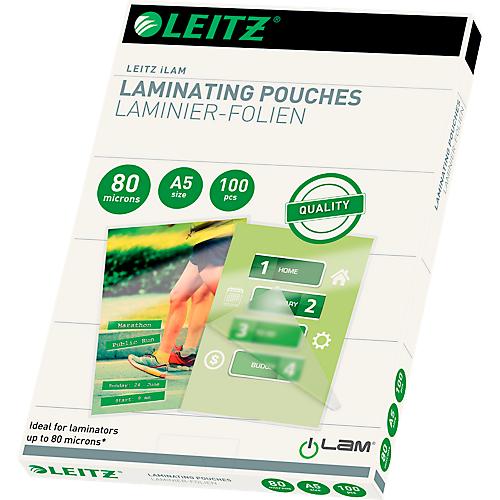 Laminierfolien Leitz iLAM, A5 Hoch-& Querformat, Stärke 80 µm, L 222 x B 160 mm, PET, farblos, 100 Stück