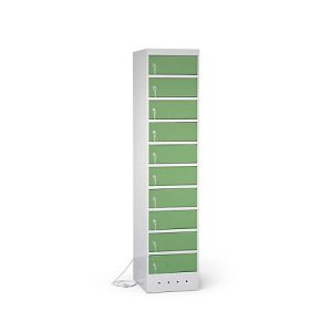 Laptopschrank mit Ladefunktion, 10 Abteile mit Zylinderschloss, Stahlblech lichtgrau RAL 7035/resedagrün RAL 6011 Laptopschrank mit Ladefunktion, 10 Abteile mit Zylinderschloss, Stahlblech lichtgrau RAL 7035/resedagrün RAL 6011