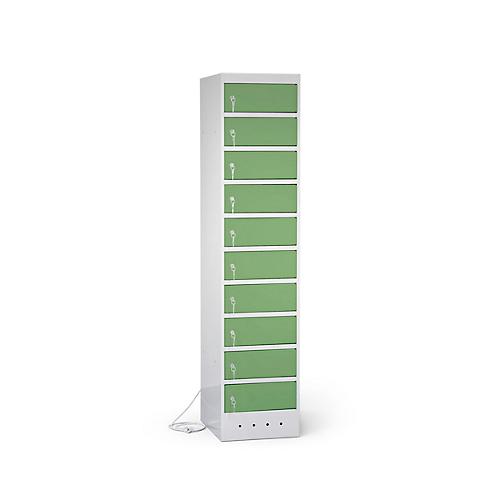 Laptopschrank mit Ladefunktion, 10 Abteile mit Zylinderschloss, Stahlblech lichtgrau RAL 7035/resedagrün RAL 6011