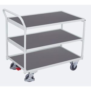 Leichter Tischwagen, Stahl/MDF-Platte, Lichtgrau/Dunkelgrau, 3 Etagen, L 835 x B 505 mm, TPE-Rollen mit EasySTOP, bis 250 kg Leichter Tischwagen, Stahl/MDF-Platte, Lichtgrau/Dunkelgrau, 3 Etagen, L 835 x B 505 mm, TPE-Rollen mit EasySTOP, bis 250 kg