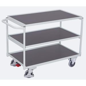 Leichter Tischwagen, Stahl/MDF-Platte, Lichtgrau/Dunkelgrau, 3 Etagen, L 985 x B 605 mm, TPE-Rollen mit EasySTOP, bis 250 kg Leichter Tischwagen, Stahl/MDF-Platte, Lichtgrau/Dunkelgrau, 3 Etagen, L 985 x B 605 mm, TPE-Rollen mit EasySTOP, bis 250 kg
