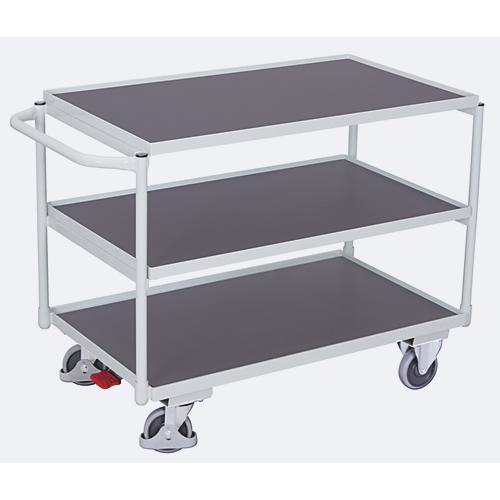 Leichter Tischwagen, Stahl/MDF-Platte, Lichtgrau/Dunkelgrau, 3 Etagen, L 985 x B 605 mm, TPE-Rollen mit EasySTOP, bis 250 kg