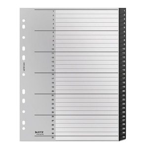 Leitz® Registermappe Recycle, A4, beschreibbar, Universalllochung, zu 100 % recycelbar, Kunststoff, schwarz, Taben 1-31