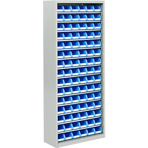 Magazinschrank, 1690 mm hoch, 14 Böden, 90 Kästen, ohne Türen, lichtgrau