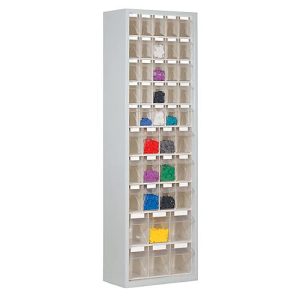 Magazinschrank, Volumen 333 l, 43 herausnehmbare Klappkästen mit Griffmulde, B 665 x T 250 x H 2000 mm, lichtgrau/transparent Magazinschrank, Volumen 333 l, 43 herausnehmbare Klappkästen mit Griffmulde, B 665 x T 250 x H 2000 mm, lichtgrau/transparent
