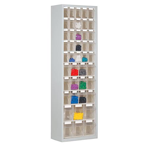 Magazinschrank, Volumen 333 l, 43 herausnehmbare Klappkästen mit Griffmulde, B 665 x T 250 x H 2000 mm, lichtgrau/transparent