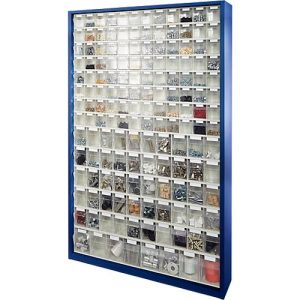 Magazinschrank, Volumen 635 l, 154 herausnehmb. Klappkästen m. Griffmulde, B 1270 x T 250 x H 2000 mm, e.blau/transparent Magazinschrank, Volumen 635 l, 154 herausnehmb. Klappkästen m. Griffmulde, B 1270 x T 250 x H 2000 mm, e.blau/transparent