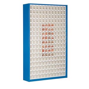 Magazinschrank, Volumen 635 l, 204 herausnehmb. Klappkästen m. Griffmulde, B 1270 x T 250 x H 2000 mm, e.blau/transparent Magazinschrank, Volumen 635 l, 204 herausnehmb. Klappkästen m. Griffmulde, B 1270 x T 250 x H 2000 mm, e.blau/transparent