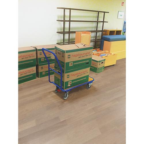 Magazinwagen, Stahl/MDF-Platte, Enzianblau/Buche-Dekor, L 1040 x B 600 mm, mit Querrohr, TPE-Rollen mit EasySTOP, bis 200 kg