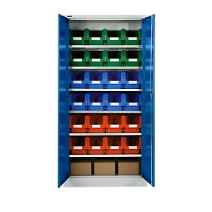 Materialschrank MSI 2409, mit 24 Kästen LF 322, 6 Fachböden, B 950 x T 400 x H 1935 mm, Stahl, lichtgrau/enzianblau Materialschrank MSI 2409, mit 24 Kästen LF 322, 6 Fachböden, B 950 x T 400 x H 1935 mm, Stahl, lichtgrau/enzianblau