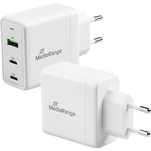 MediaRange Quick Charge Schnellladeadapter 65 W, Eurostecker, 2x USB-C und 1x USB-A, weiß