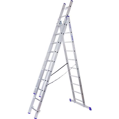 Mehrzweckleiter SZ Metall, 3-teilig, mit 3 x 10 Sprossen, bis 150 kg, EN 131, Quertraverse, Spreizsicherung, Aluminium