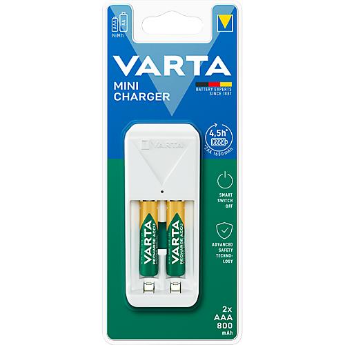 Mini Akkuladegerät für Batterien Varta, 2x AA/AAA, inkl. 2 AA-Akkus, Ladezeit 4,5 h, EU-Stecker, 100-240 V, B 43 x T 63 x H 102 mm, weiß