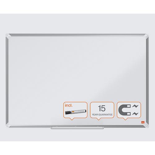 nobo Whiteboard Premium Plus, Stahl weiß emailliert, magnethaftend, B 900 x H 600 mm, inkl. abnehmbarer Stiftablage und 1 Boardmarker