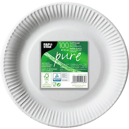 Pappteller Papstar Pure, Einweg, rund, Ø 230 mm, lebensmittelecht, FSC®-zertifiziert & kompostierbar, weiß, 6 x 100 Stück