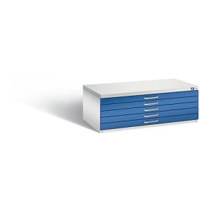 Planschrank aus Stahl, für Formate bis DIN A1, 5 Schubladen, lichtgrau/blau Planschrank aus Stahl, für Formate bis DIN A1, 5 Schubladen, lichtgrau/blau