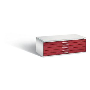 Planschrank aus Stahl, für Formate bis DIN A1, 5 Schubladen, lichtgrau/rot Planschrank aus Stahl, für Formate bis DIN A1, 5 Schubladen, lichtgrau/rot