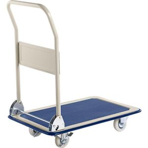 Plattformwagen, um 90° klappbarer Schiebegriff, mit Feststellern, bis 150 kg, L 740 x B 480 x H 860 mm, Stahl, grau Plattformwagen, um 90° klappbarer Schiebegriff, mit Feststellern, bis 150 kg, L 740 x B 480 x H 860 mm, Stahl, grau