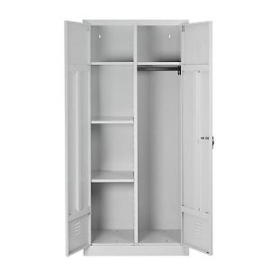 Putzmittelschrank, B 800 mm, 4 Böden, kompl. Mitteltrennwand, abschließbar, lichtgrau RAL 7035/lichtgrau RAL 7035