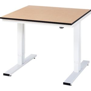 Rau Werktisch Adlatus, elektrisch höhenverstellbar, 22 mm MDF-Platte, bis 300 kg, B 1000 x T 1000 x H 720-1120 mm, braun/lichtgrau