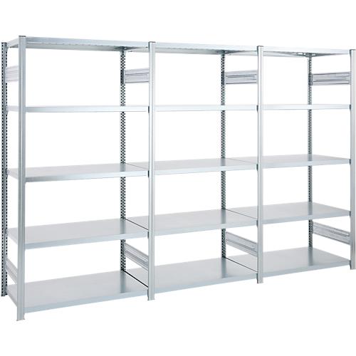 Regalkombination ORDO Industry, 1 Grundregal + 2 Anbauregale, 15 Fachböden, modular, Fachlast 130 kg, Feldlast 1000 kg, B 2330 x T 535 x H 2500 mm, verzinkt
