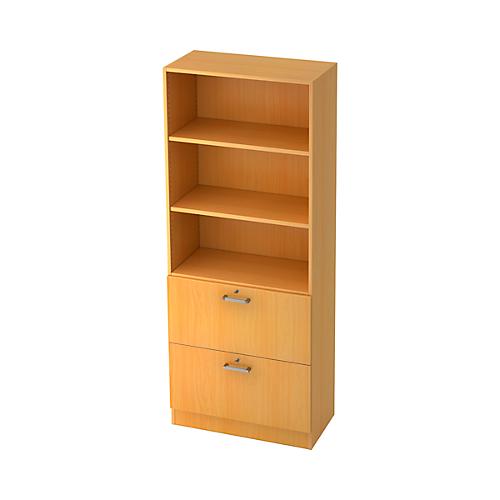 Regalschrank TARVIS, 5 OH, 2 HR-Auszüge, 60 kg Tragkraft, abschließbar, 2 Fachböden, B 800 x T 420 x H 2004 mm, Buche-Dekor
