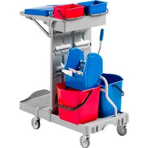 Reinigungswagen Poly II, 2 x 4 L Eimer, 2 x 15 L Eimer, Mopppresse u. Stielhalterung
