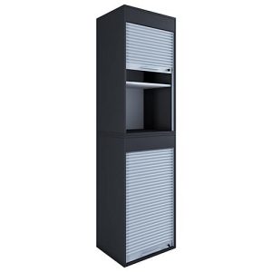 Rolladenschrank Aktos XL, 4 Ordnerhöhen, abschließbar, Bügelgriff, B 500 x T 400 x H 1860 mm, Holz, schwarz Rolladenschrank Aktos XL, 4 Ordnerhöhen, abschließbar, Bügelgriff, B 500 x T 400 x H 1860 mm, Holz, schwarz